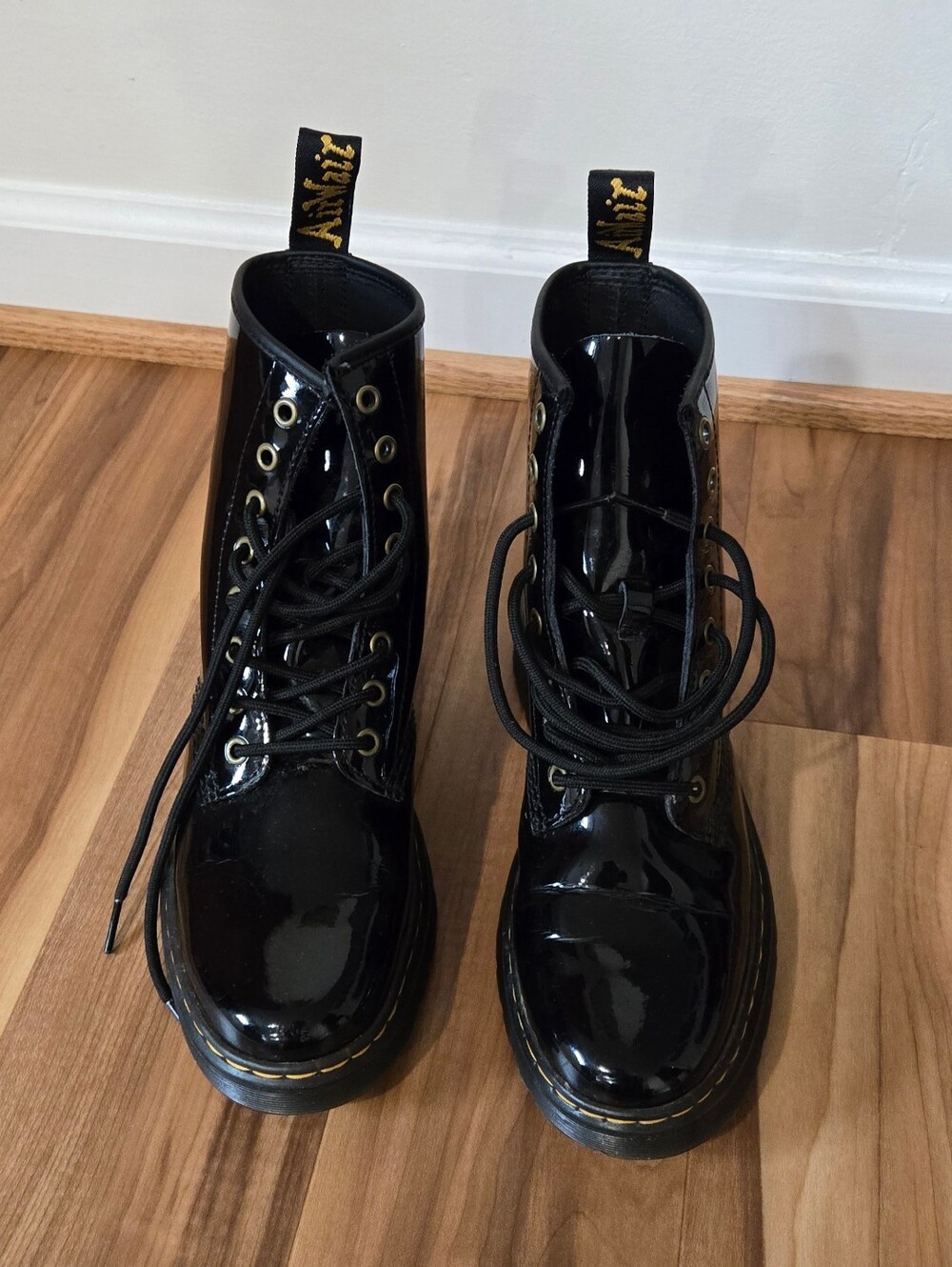 Dr. Martens Black Patent Lace-Up Combat Boots with Yellow Stitching
